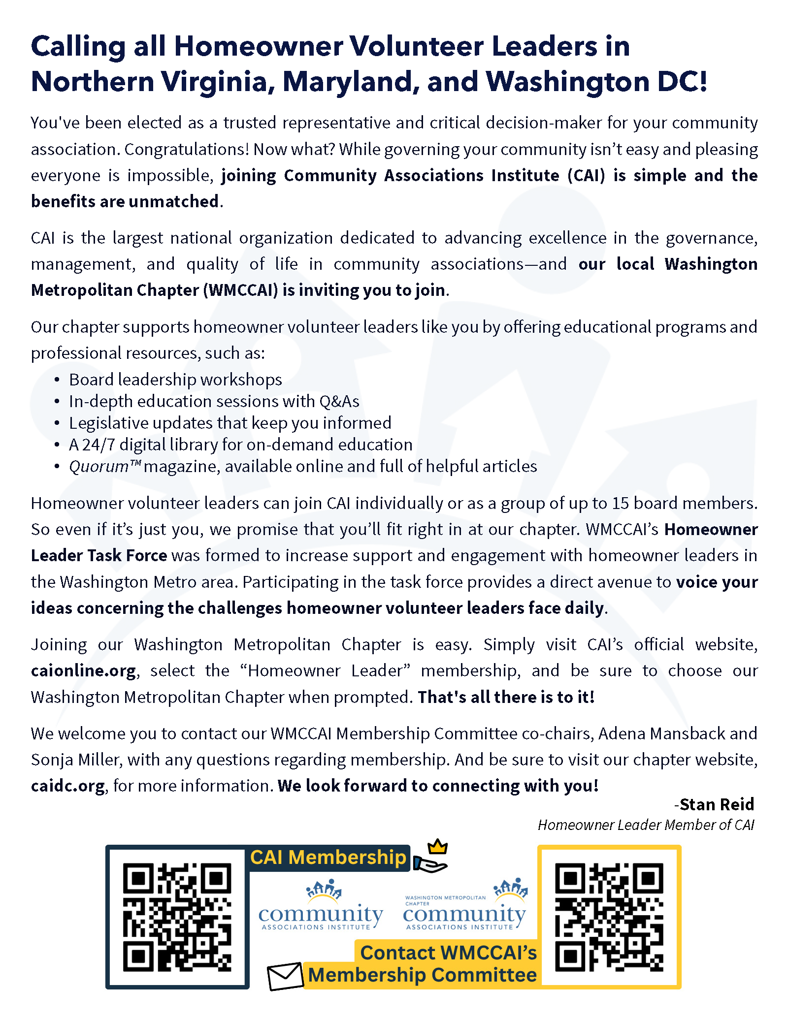 Homeowner Leader Letter by Stan Reid